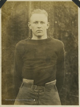 An unidentified West Virginia University football player is pictured in his practice gear. 