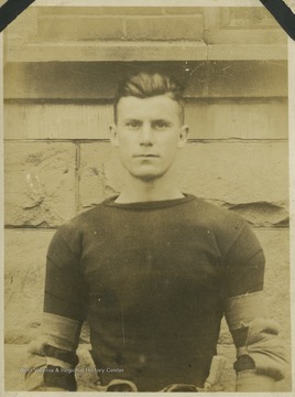 An unidentified WVU football player is pictured in his practice gear. 