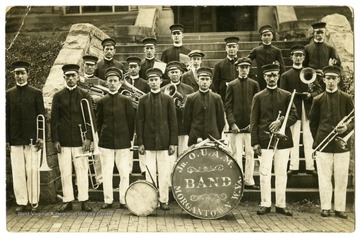 The Jr. OUAM Band poses on the front steps of Stewart Hall on the WVU campus, Morgantown, W.Va.