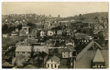A bird's eye view over downtown Morgantown looking towards the WVU campus.