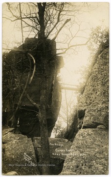 Three men stand below a foot bridge spanning a ravine at Coopers Rock State Forest, W. Va.