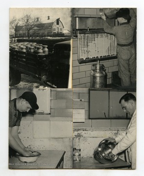 Clockwise from top left: milk delivery truck, screening and processing milk, washing hands, sterilizing equipment.