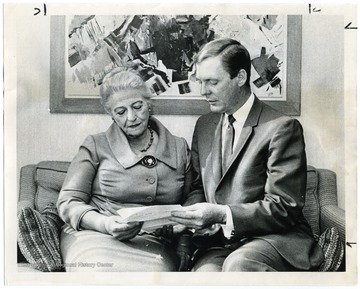 Caption on back reads, "Pearl S. Buck, author and Nobel prize winner, is in Portland on promotion tour for a new foundation to help children of American servicemen. At right is Theodore F. Harris, president of the foundation."