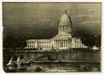 A print of architectural artist Hugh Ferriss's rendering of Cass Gilbert's design for a new capitol building for West Virginia. The print was produced by the well known architectural photograph company, the Wurts Brothers of New York.