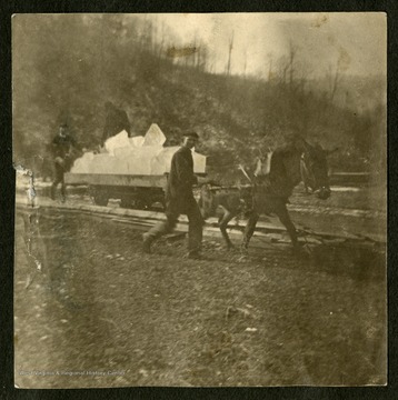 Three men use a horse drawn vehicle to transport their harvest of ice blocks.