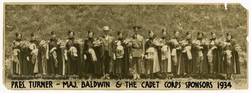 West Virginia University President John Roscoe Turner is photographed with Major Baldwin and the sponsors of the WVU Cadet Corps program.