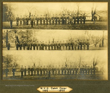 Three groups of WVU cadets pose for group portraits.