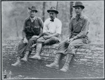 Photograph from "The Hardwood Bark," a periodical journal published by the W. M. Ritter Lumber company in the interest of its employees.This image is on a page with several other photos titled "In Hazel Creek Woods." The caption for this photo reads:"2. Here they are again, no doubts resting from their excursions, and sitting on a nice stick along Dillard Hall, Cutting Foreman. "