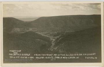 The caption reads, "Mike's Gap and the Devil's Saddle. From the front mt. of the Alleghenies. Elv. 2725 ft. This mt. is 5 miles long. Ascend 1600 ft. This is New Creek Mt."