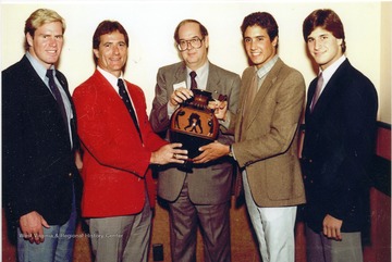 Rene Henry (center) with 1984 Olympians L-R Terry Schroeder (water polo), Ed Burke (track and field), Pablo Morales (swimming), and Bobby Berland (judo).