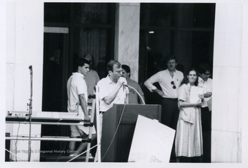 Joe Simone speaking at the Block Bork protest.