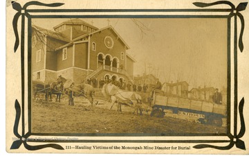 The caskets are pulled in a cart with the name "W. S. Thomas" on it, drawn by several horses. Many onlookers stand outside a church in the background.