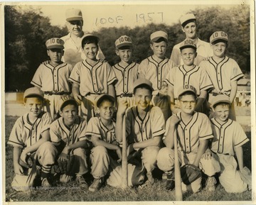 A photo of the 1957 I.O.O.F Little League baseball team.