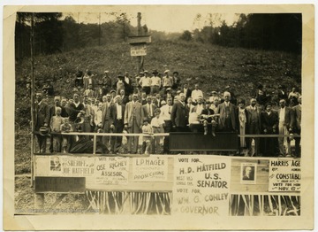 A picture of an election rally for Joe and Henry Hatfield. Joe ran for Sherriff, Henry ran for Senator.