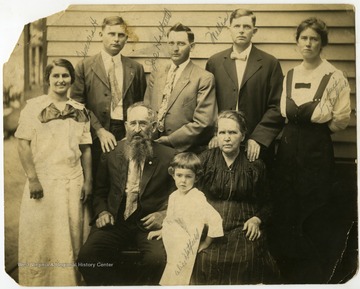 Back row (L to R): Tennis, Joe, Willie, and Lakie Hatfield. Front row (L to R): unidentified woman, William Anderson "Devil Anse" Hatfield, Alice Hatfield, Levisa "Levicy" Chafin Hatfield. 